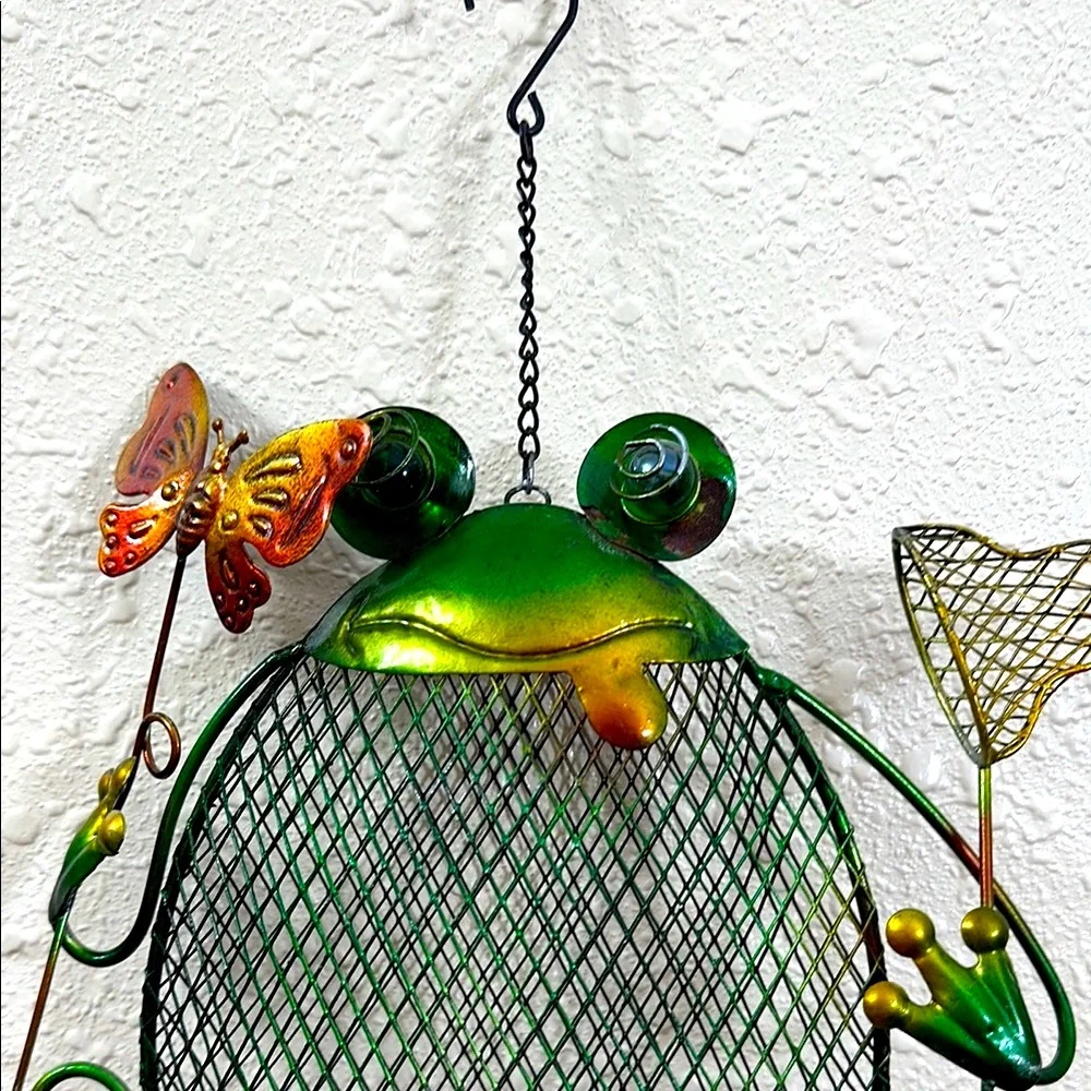 Green Frog Decorative Hanging Bird Feeder with Butterfly & Net
